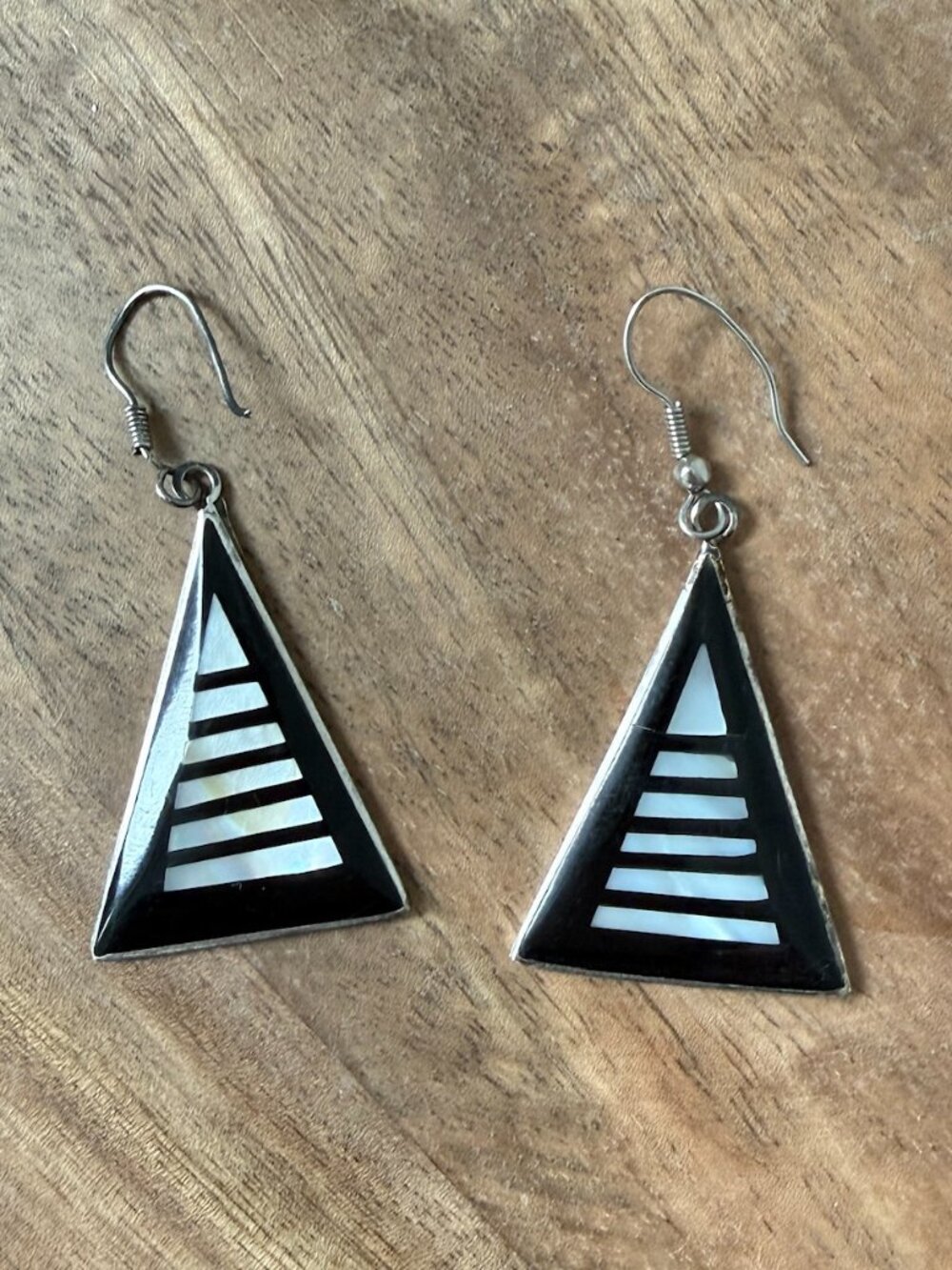 Vintage 60s Mexican Alpaca Silver Inlay Pyramid Dangle Earrings - MOP & Onyx